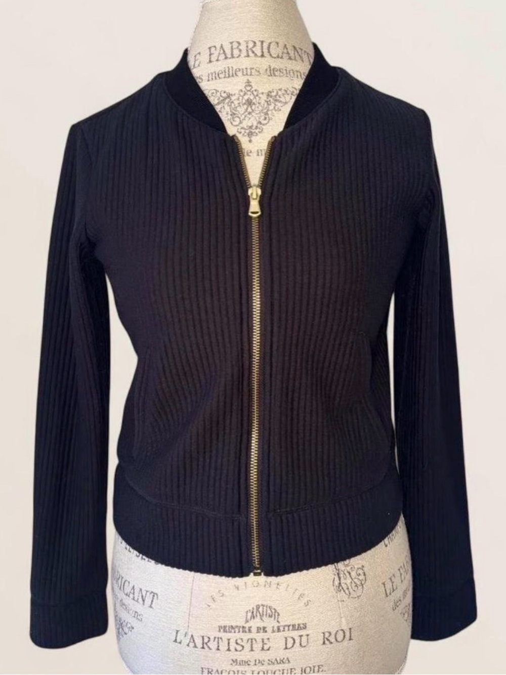 Club Monaco Navy Fitted Ribbed Bomber Jacket with Gold Zipper